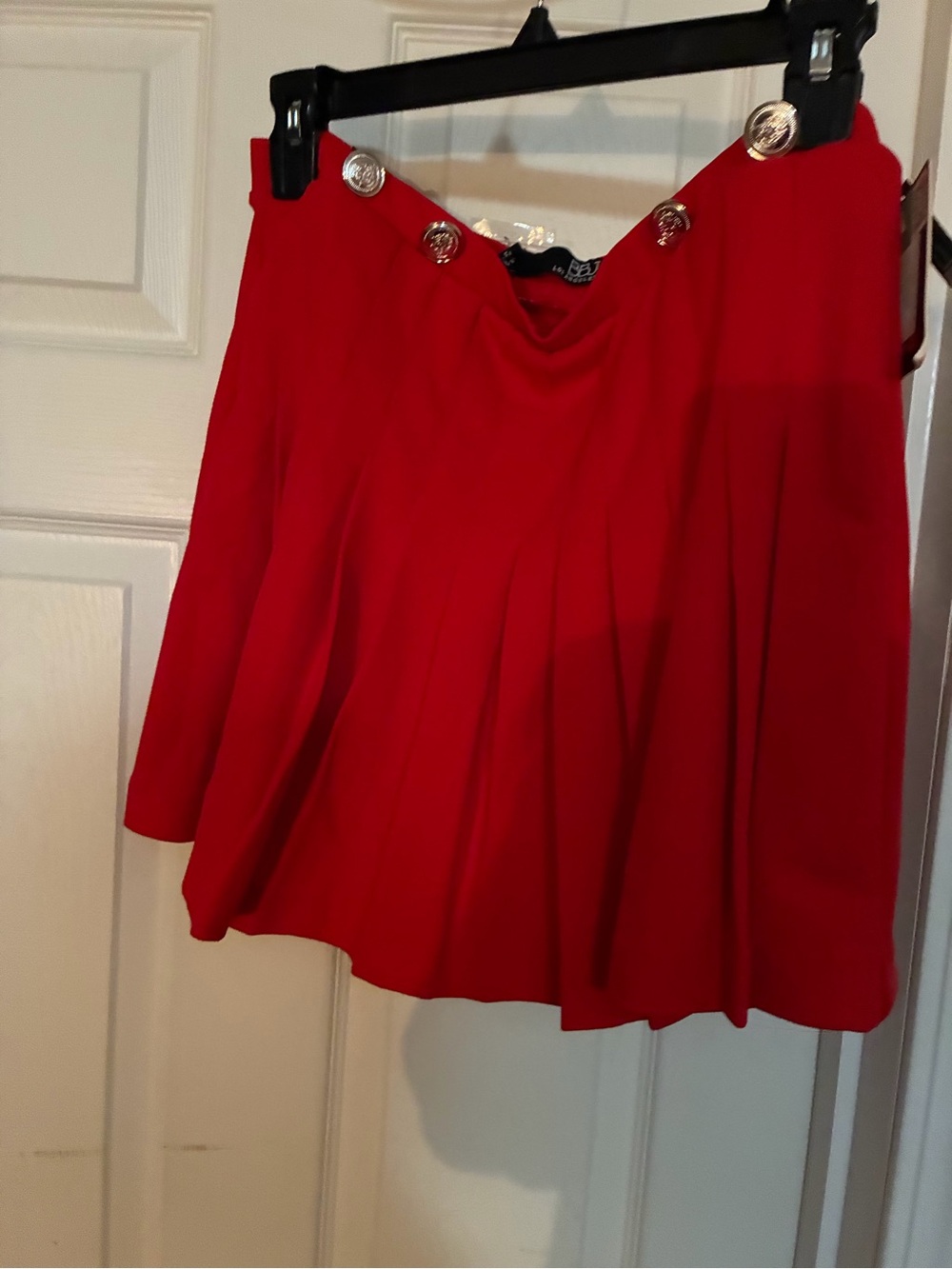 Red Pleated Women's Skort  with Decorative Buttons